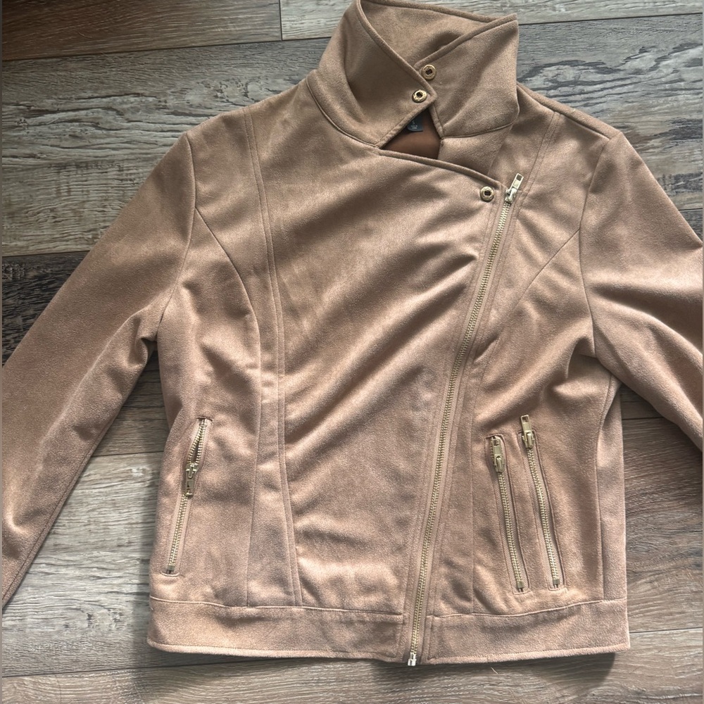 Alya Faux Suede Tan Jacket with Asymmetrical Zipper